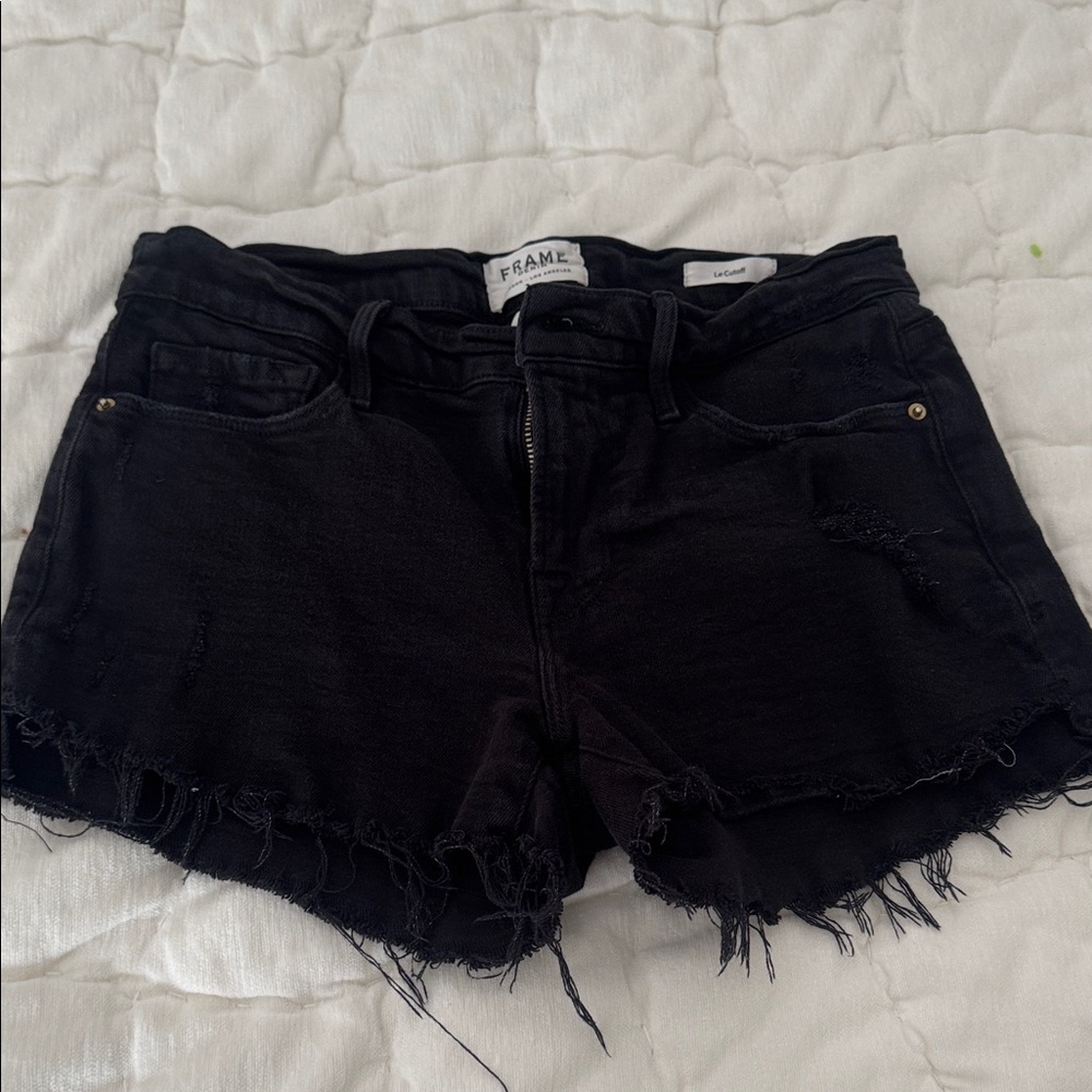 Frame Denim Black Frayed Hem Jean Shorts